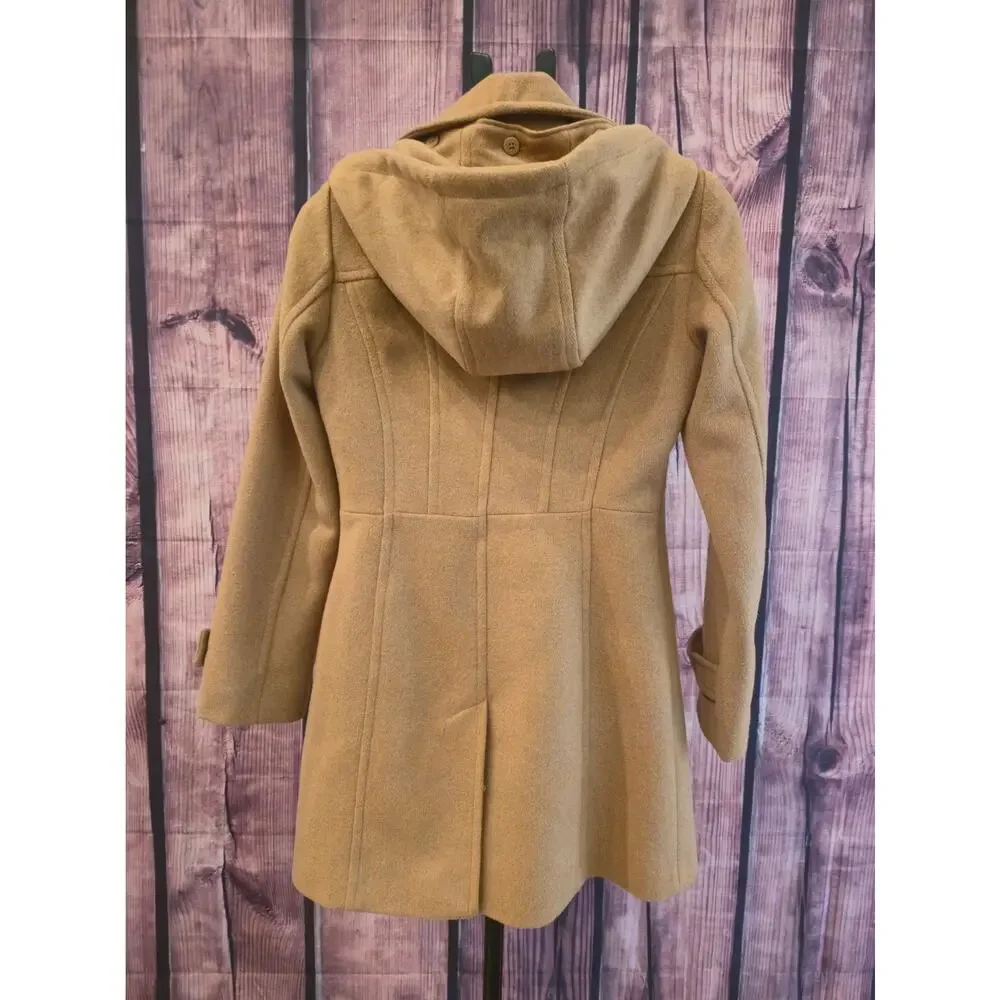 Women's Camel Hooded Wool Blend Walker Coat Michael Kors XS Gold Zip Mid Length